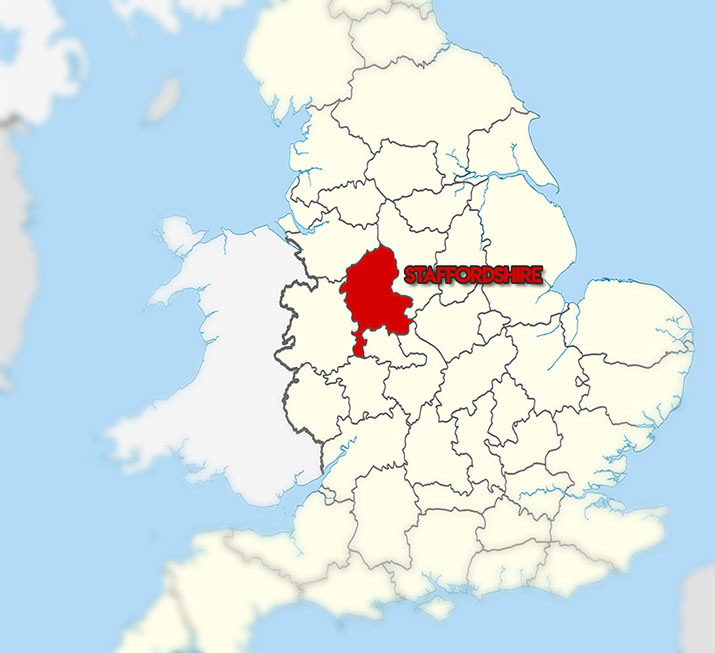 staffordshire megyét kiemelő térkép angliáról