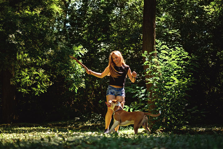 tini lány bottal játszik amstaff kutyájával az erdőben